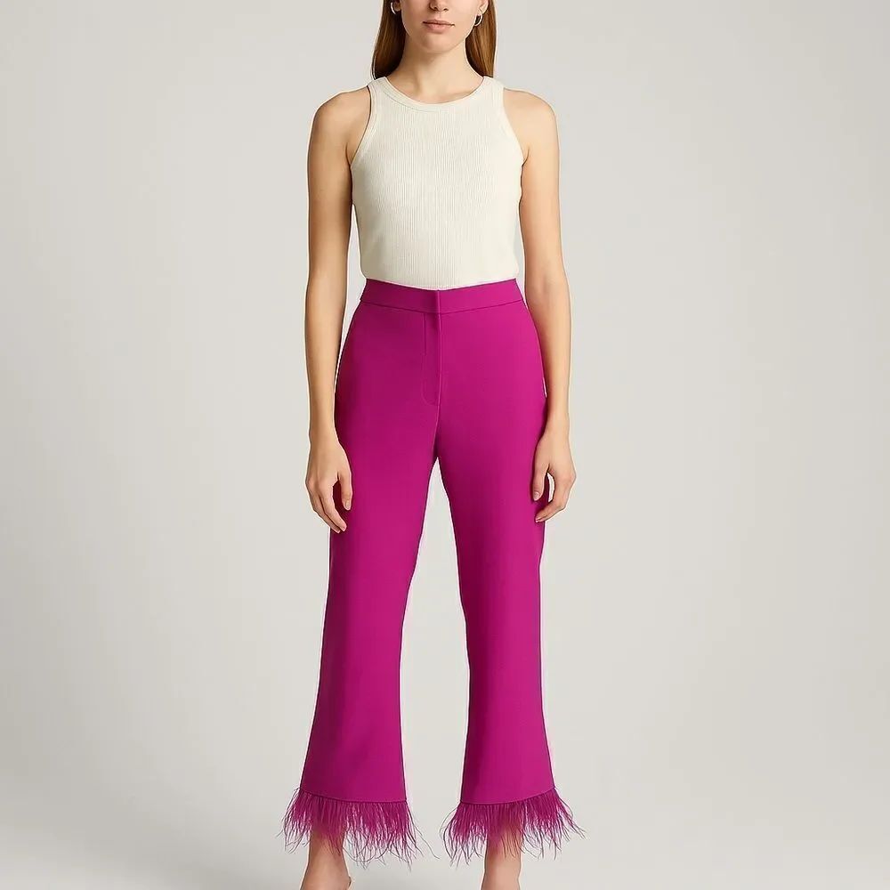 Revolve Wayf Chic Pink Magenta Fuscia Ostrich Feather Trim Pants